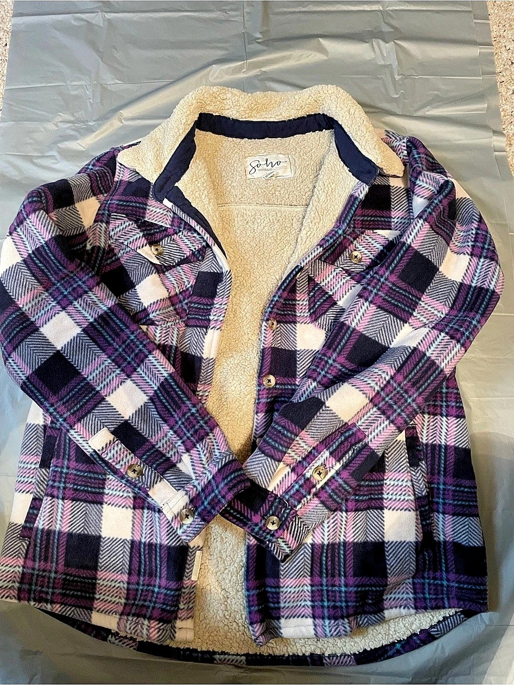 Soho Threads Plaid Sherpa-Lined Jacket in Purple & White
